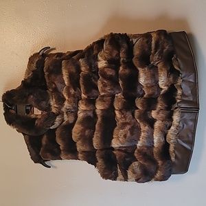 Chico's Faux Fur Vest Two-Tone Brown & Gold Trim in Faux Leather Sz 2